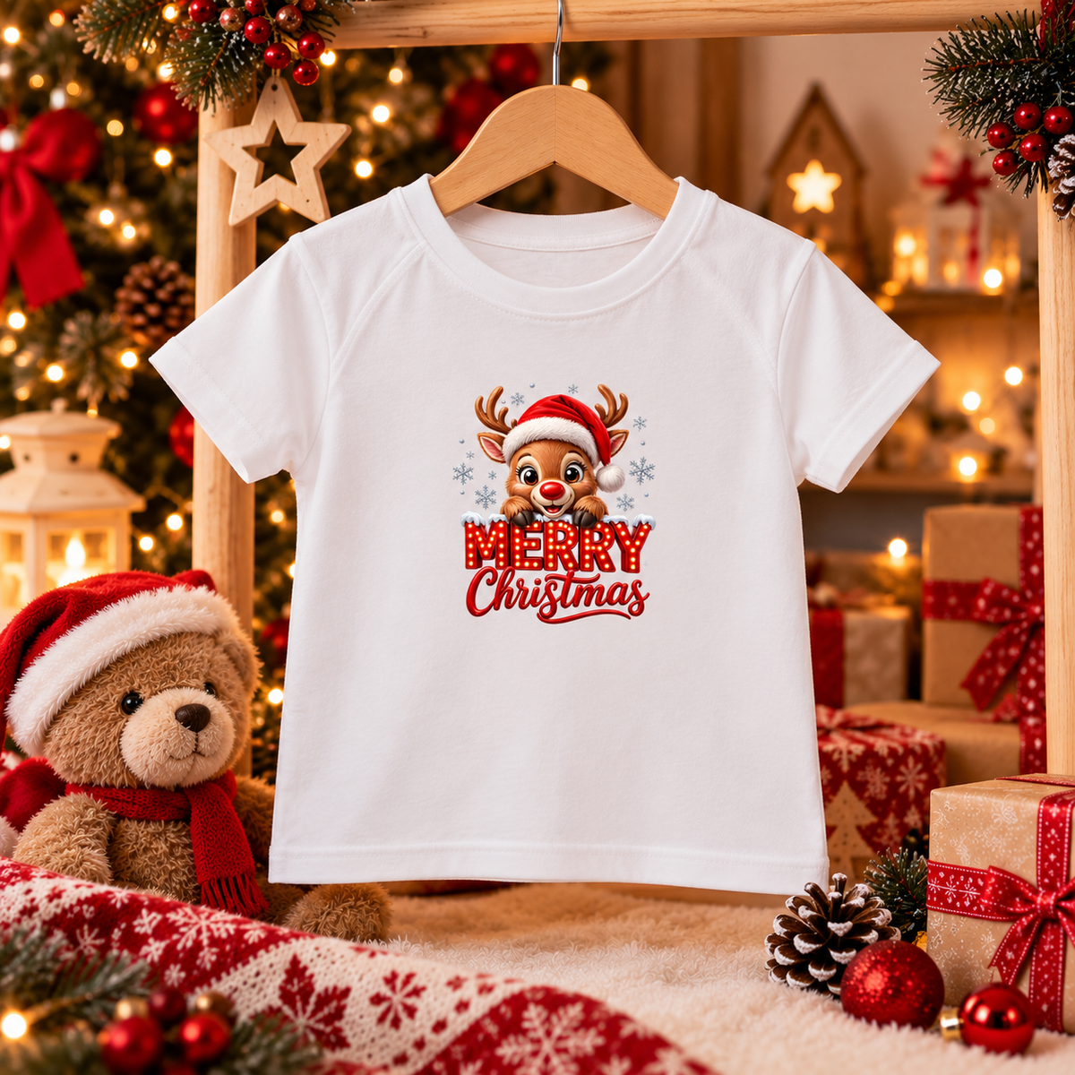 T-shirt de Noël enfant personnalisable – Renne festif, du 2 au 12 ans