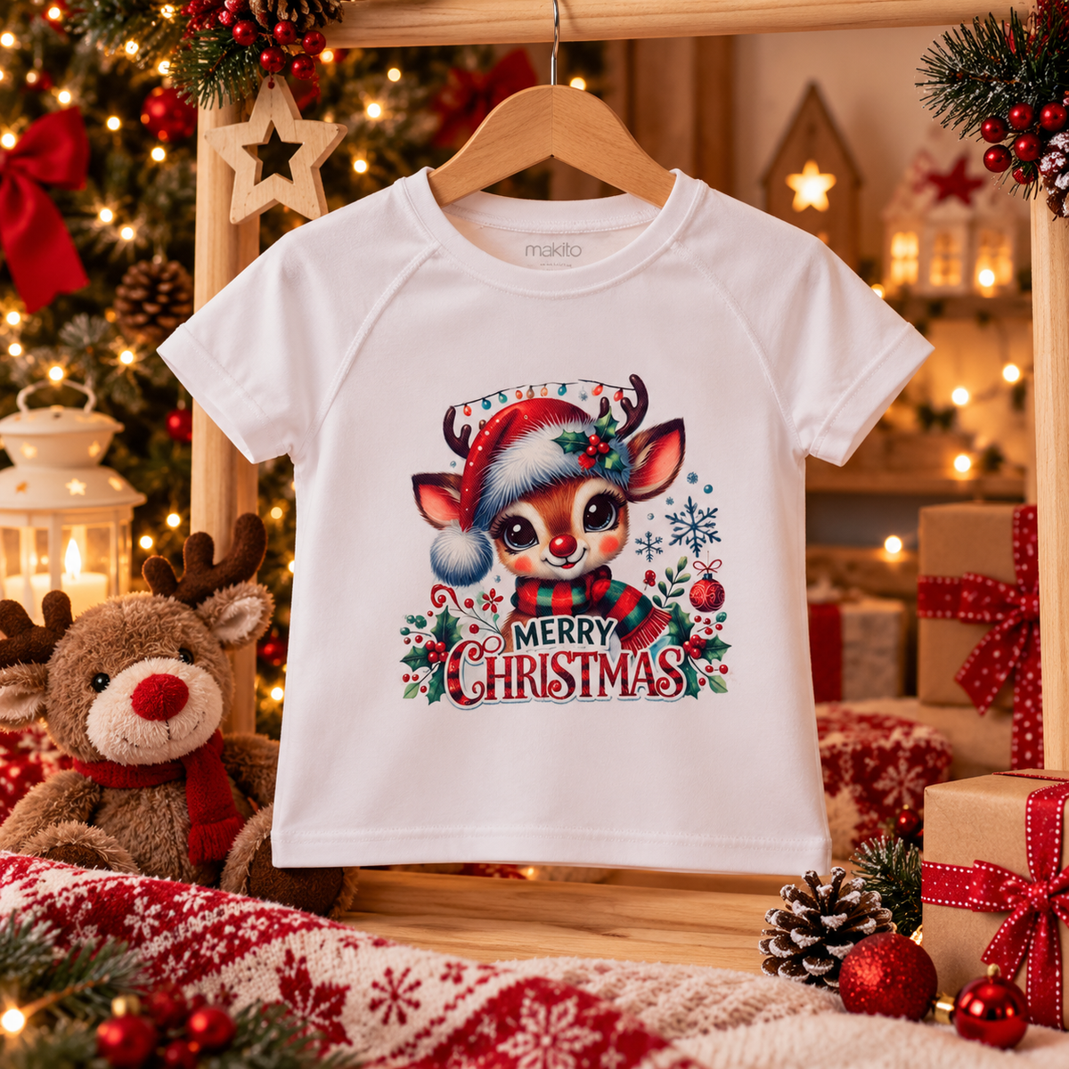 T-shirt de Noël enfant personnalisable – Renne festif, du 2 au 12 ans